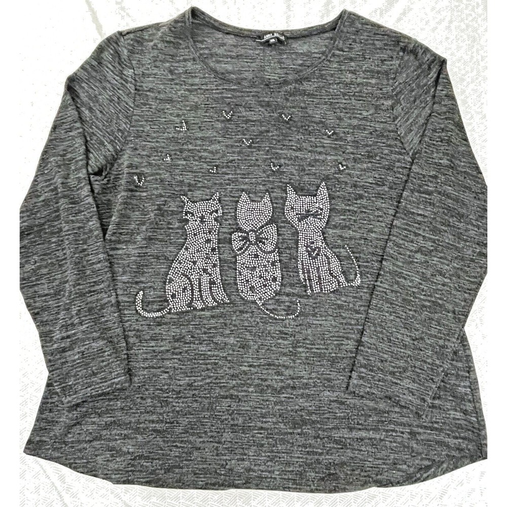Anna Bella Cozy Cute Knit Sweater 3/4 Sleeve w Silver Studded Cat Design sz 2XL